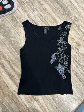 BCBGMaxAzria Black V-Neck Tank with Pastel Floral Vine Embroidery
